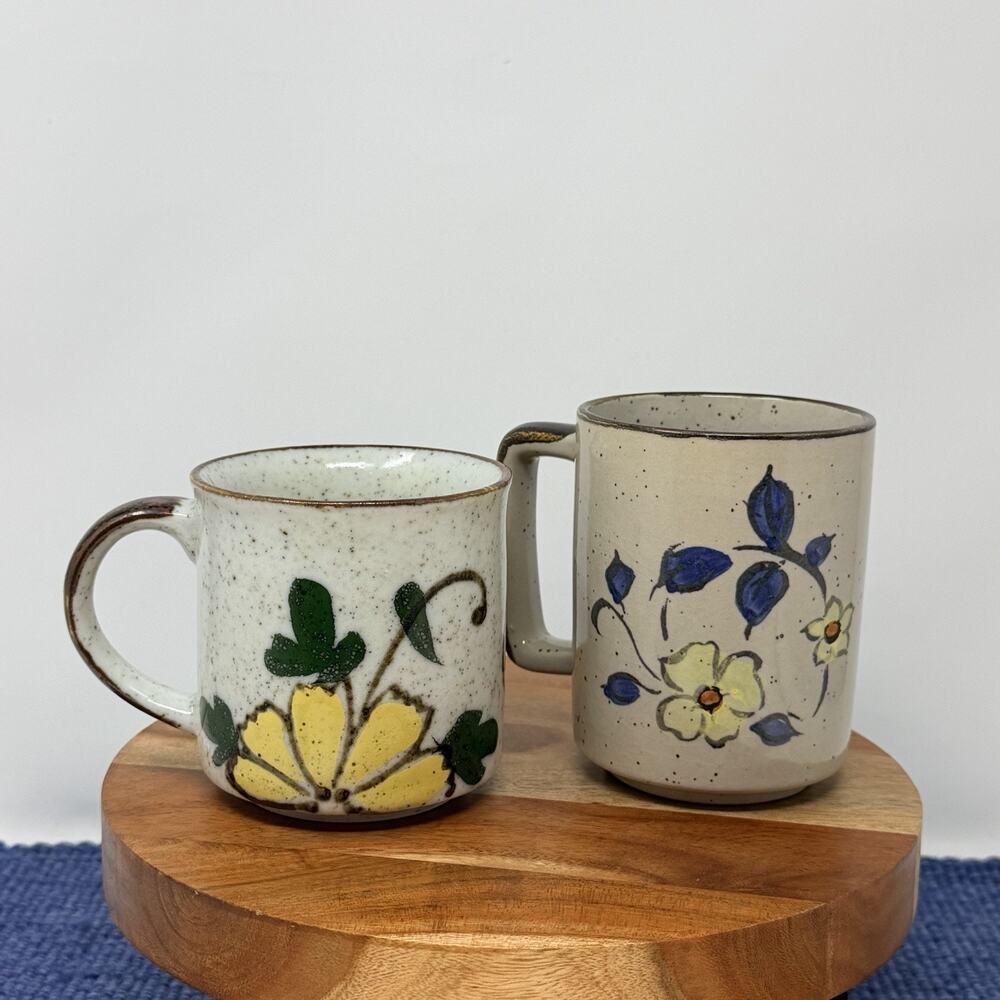 Vintage 1970s Speckled Stoneware Yellow Daisy Coffee Mugs Set Of 2
